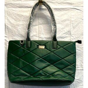 Hunter Green Quilted Leather Tote Bag With Top Handles And Zipper Closure